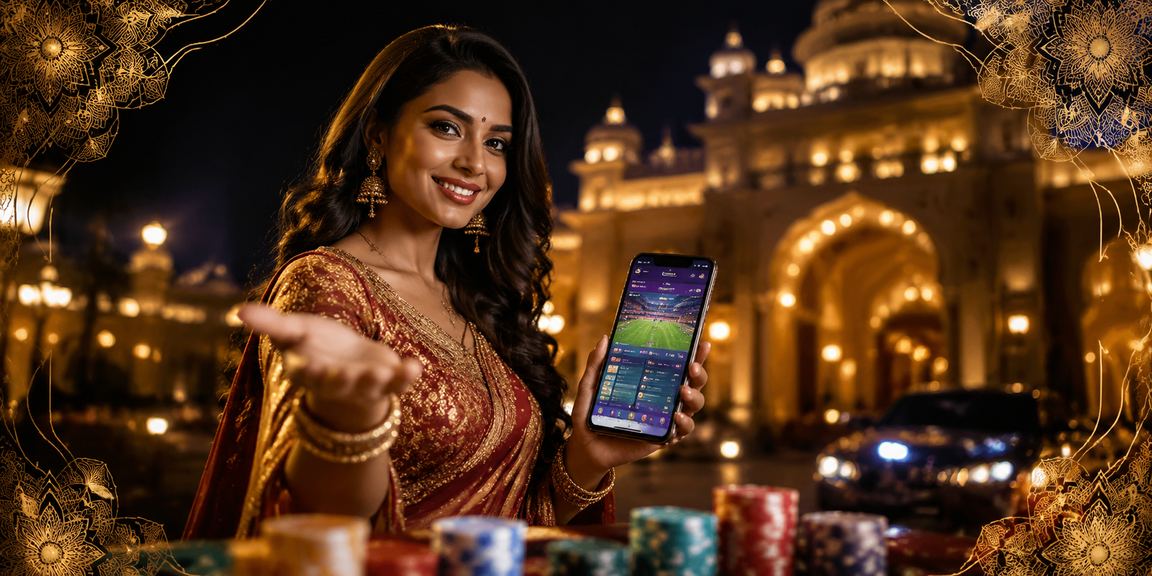 Indian player enjoying mobile sports betting at night market