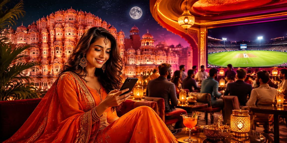 Jaipur Hawa Mahal with cricket betting neon lights
